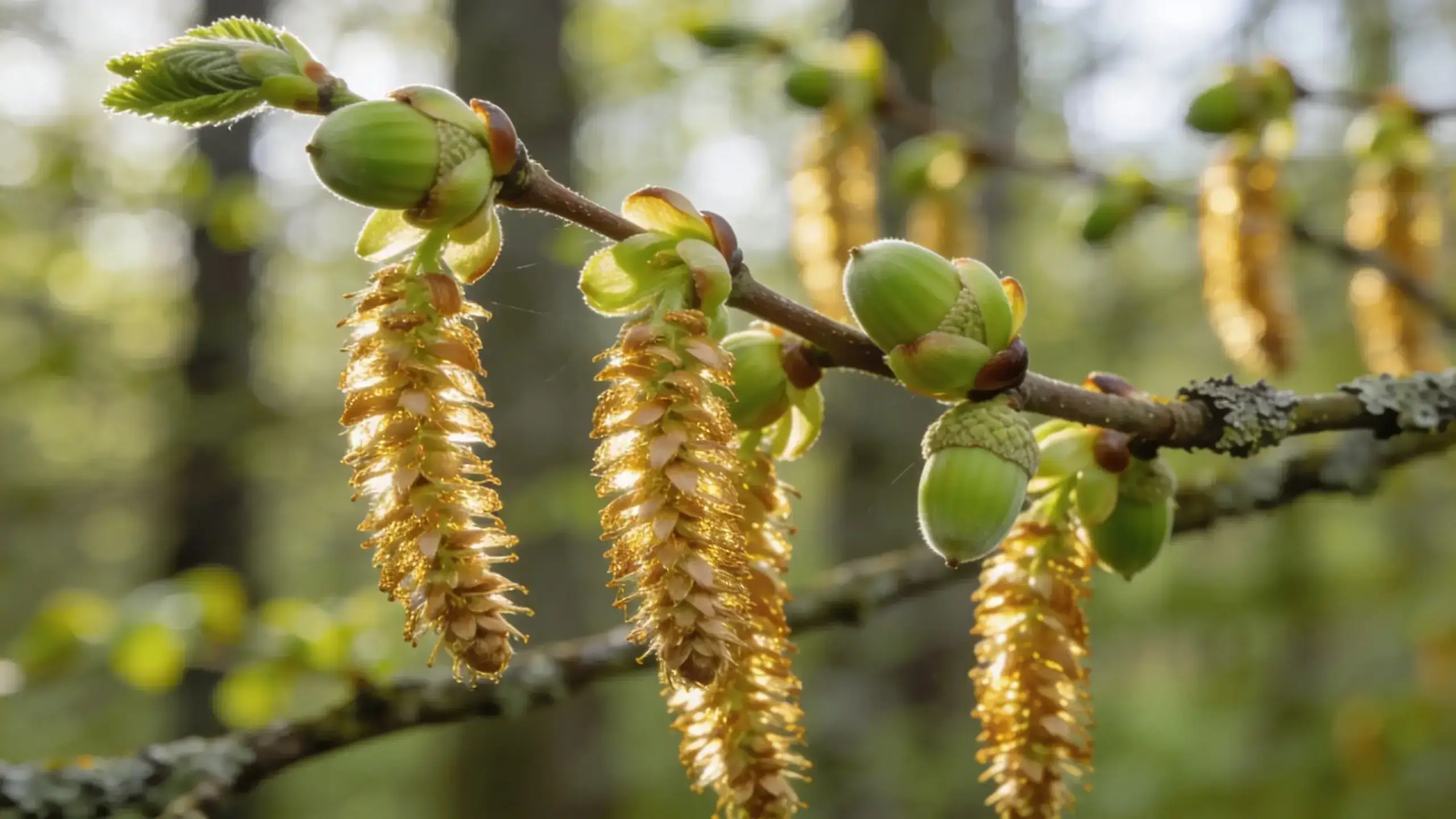 Gros plan d'une branche de noisetier portant plusieurs jeunes noisettes vertes dans leur cupule brune et de longs chatons pendants dorés et duveteux, sur fond de forêt verte et floue baignée de lumière dorée