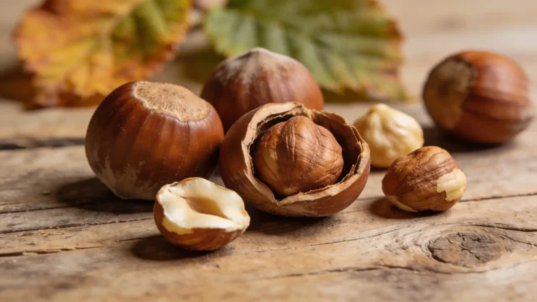Gros plan de plusieurs noisettes brunes sur une surface en bois rustique — certaines entières dans leur coque, une ouverte révélant la noisette, d'autres décortiquées à la chair beige claire, avec des feuilles vertes et orangées floues en arrière-plan.