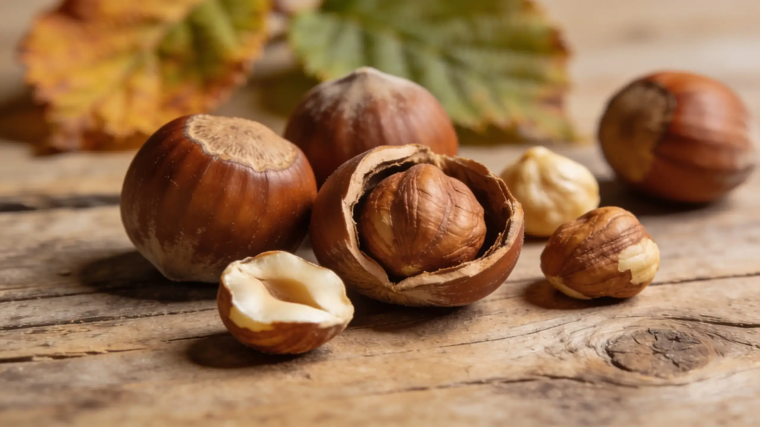 Gros plan de plusieurs noisettes brunes sur une surface en bois rustique — certaines entières dans leur coque, une ouverte révélant la noisette, d'autres décortiquées à la chair beige claire, avec des feuilles vertes et orangées floues en arrière-plan.