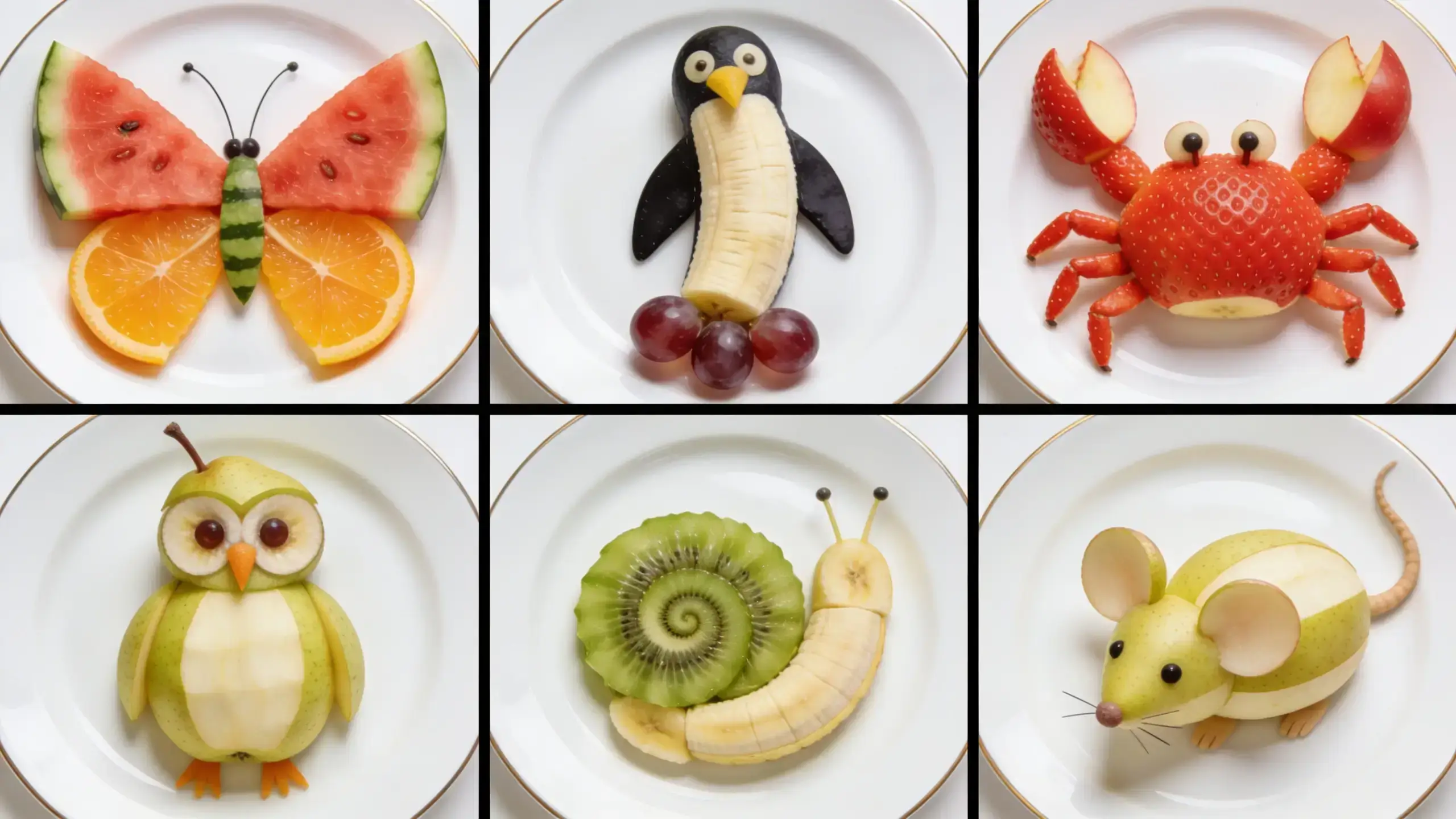 Animaux en fruits: Grille de six assiettes blanches présentant chacune un animal en fruits : papillon en pastèque et orange, pingouin en banane et raisin noir, crabe en fraise et pomme, hibou en poire verte, escargot en kiwi et banane, souris en pomme verte.