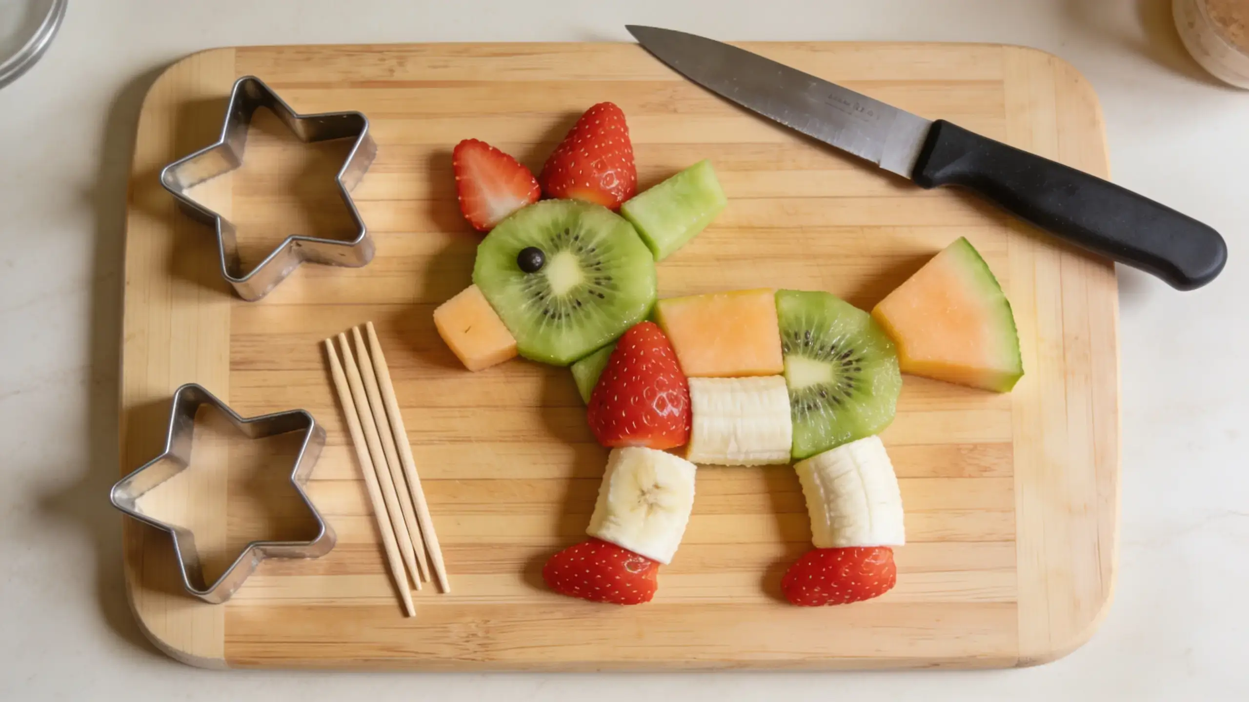 Animaux en fruits: Vue de dessus d'un dinosaure animal en fruits assemblé sur une planche en bois, composé de tranches de kiwi, morceaux de melon, fraises, banane et myrtille, entouré de deux emporte-pièces étoile en métal, de cure-dents et d'un couteau de cuisine.