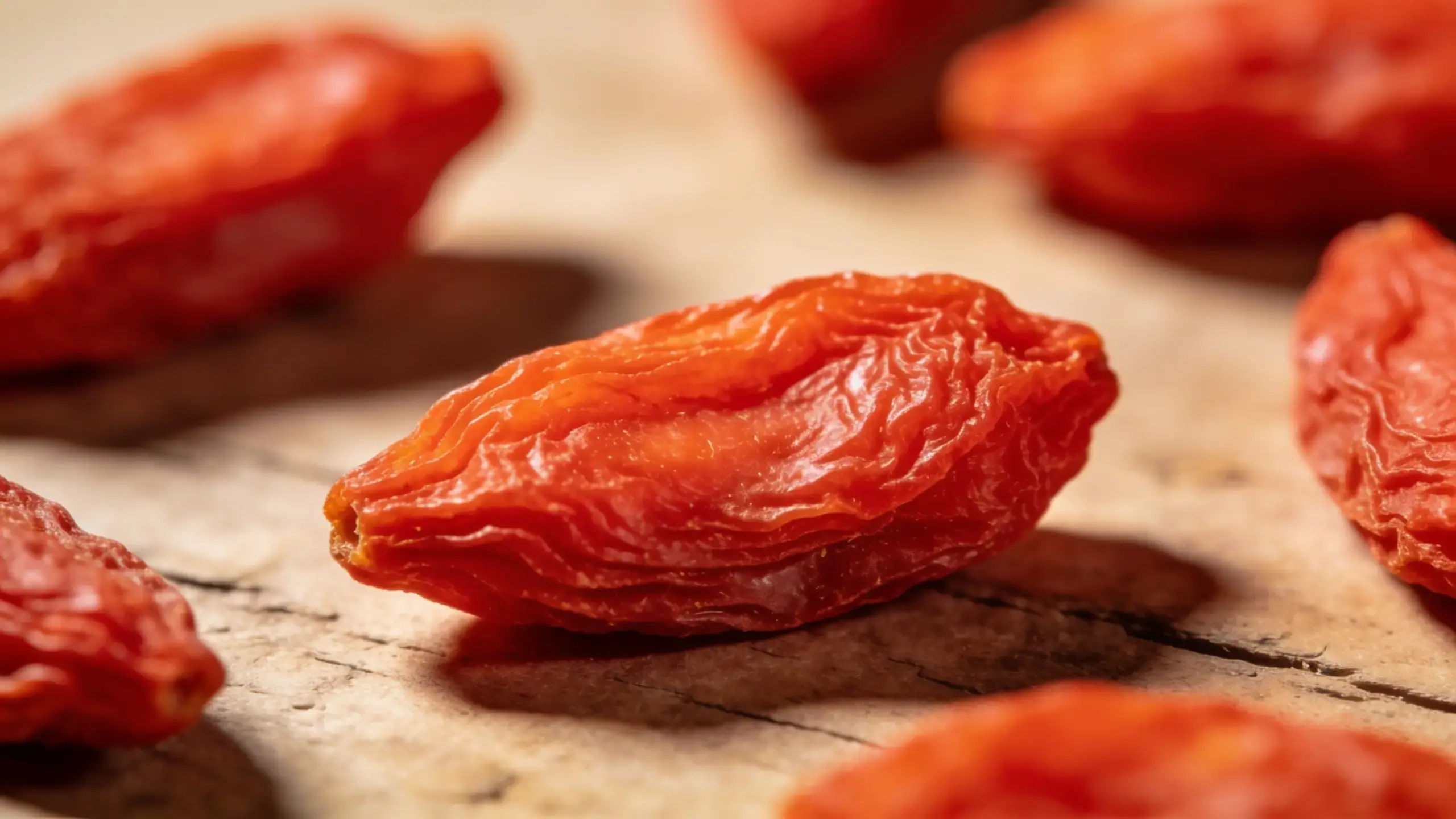 Baie de Goji Bienfaits : 7 Secrets Santé Révélés 3 Gros plan macro sur une baie de goji séchée rouge orangé ridée posée sur surface en bois clair avec d'autres baies floues en arrière-plan