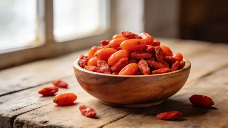 Bol en bois rustique rempli de baies de goji fraîches orange et séchées rouge intense posé sur table en bois brut avec lumière naturelle, superfruit aux nombreux bienfaits nutritionnels