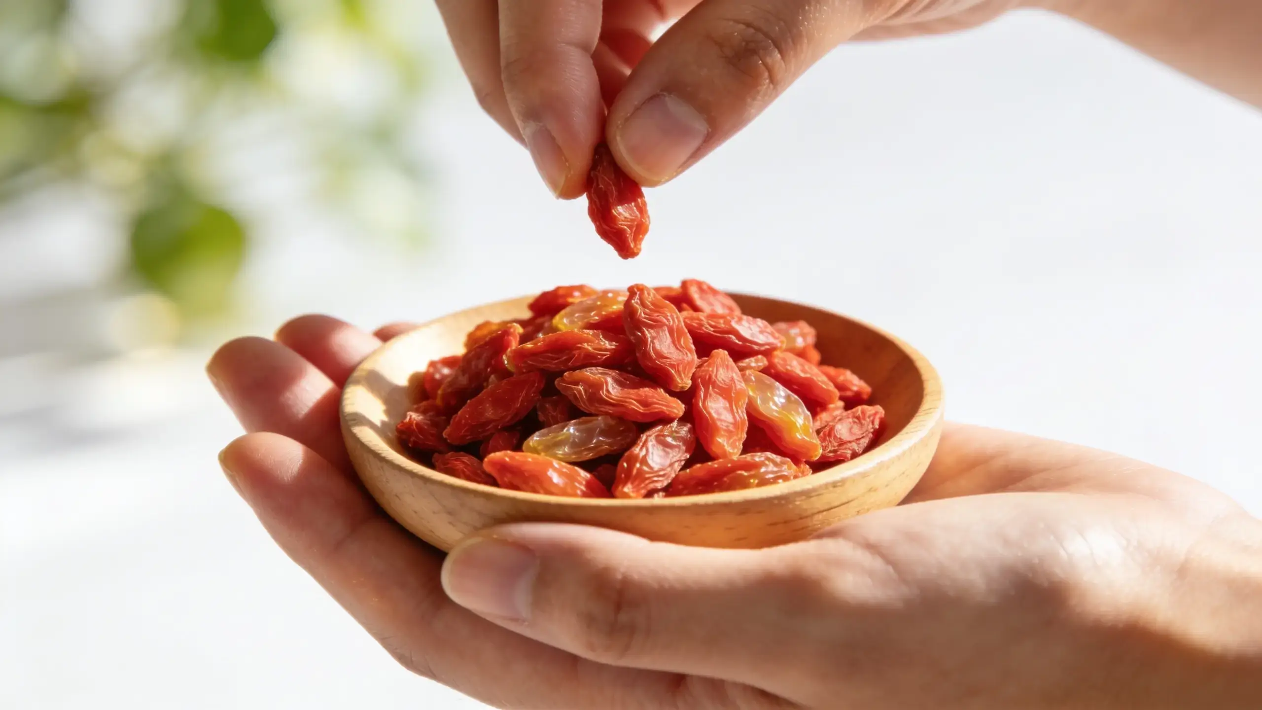 Baie de Goji Bienfaits : 7 Secrets Santé Révélés 4 Mains tenant un petit bol en bois rempli de baies de goji séchées rouges avec deux doigts pinçant une baie, fond clair avec plante verte floue