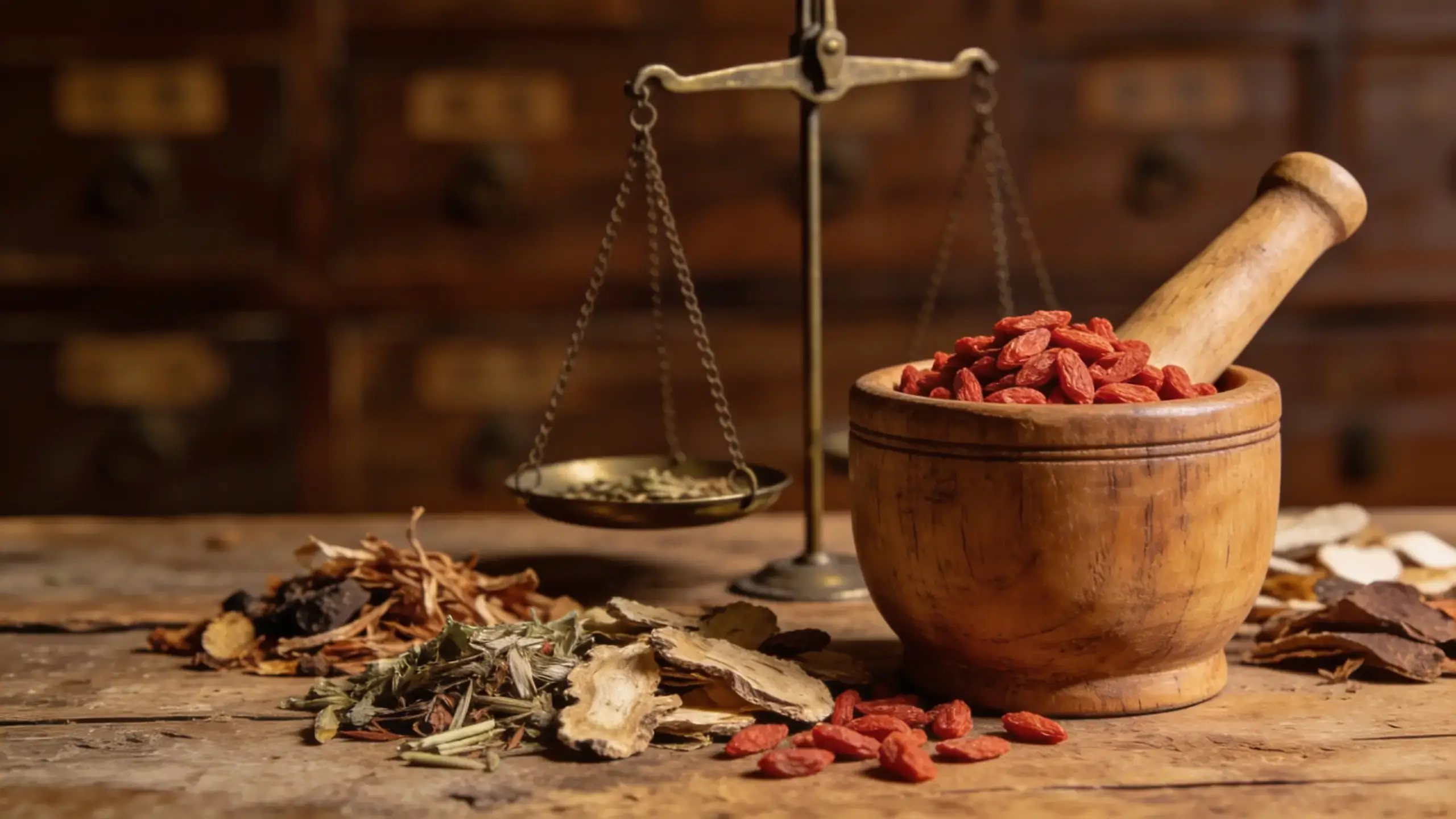 Baie de Goji Bienfaits : 7 Secrets Santé Révélés 2 Mortier en bois rempli de baies de goji séchées rouges avec balance dorée et plantes médicinales séchées sur table en bois, médecine traditionnelle chinoise