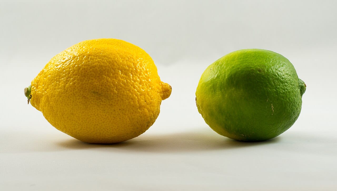 Citrons vs Limes : les différences en cuisine 2 Citron jaune et lime verte posés côte à côte