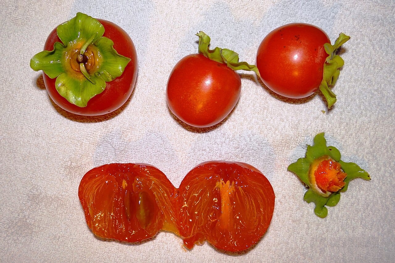 Kaki fruit : 7 bienfaits puissants pour booster votre santé 2 Kakis orange entiers et coupe montrant la chair fondante du fruit mûr