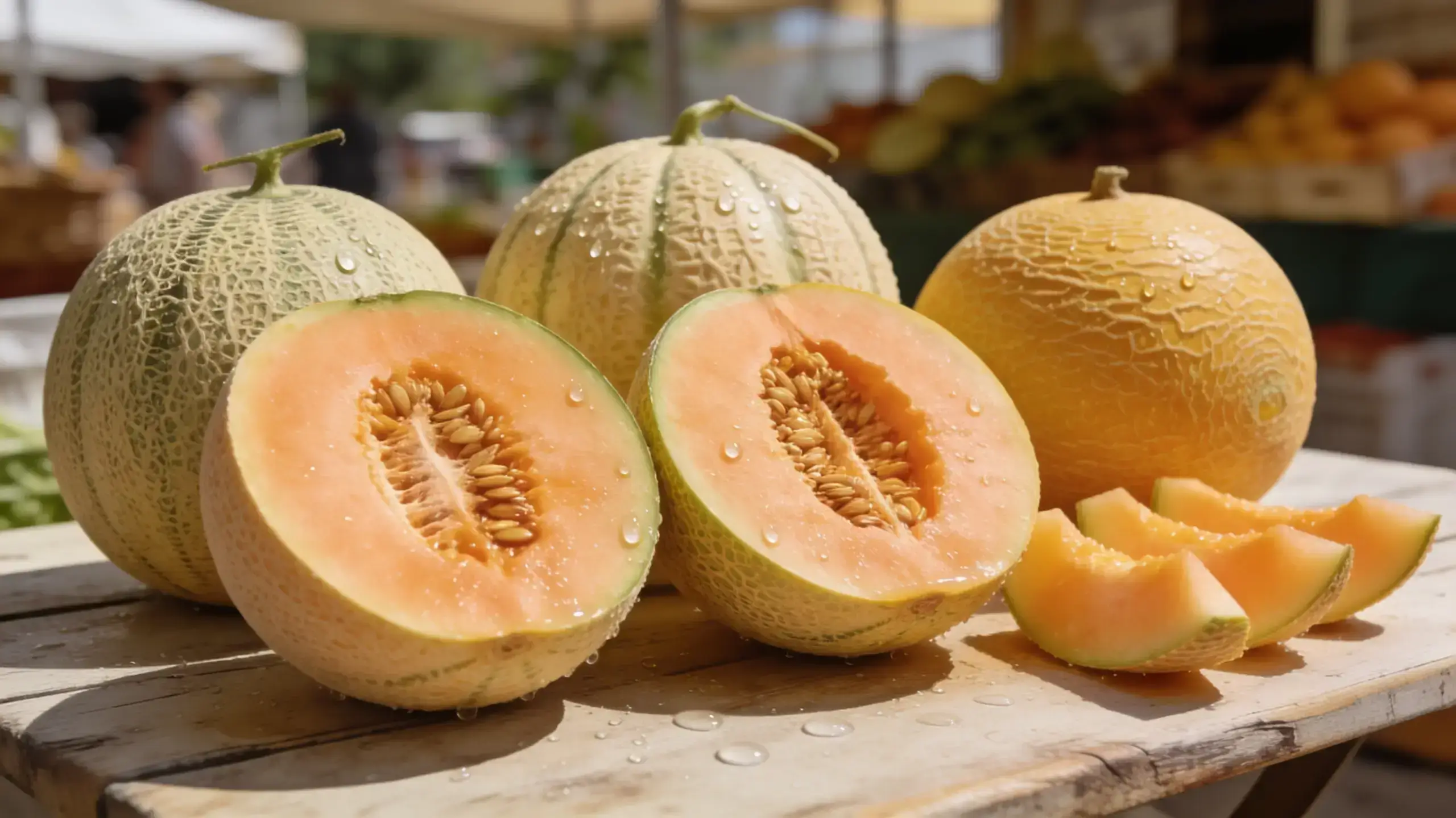 Melons cantaloup et charentais entiers et coupés en deux révélant leur chair orange juteuse et leurs graines sur table en bois au marché estival ensoleillé