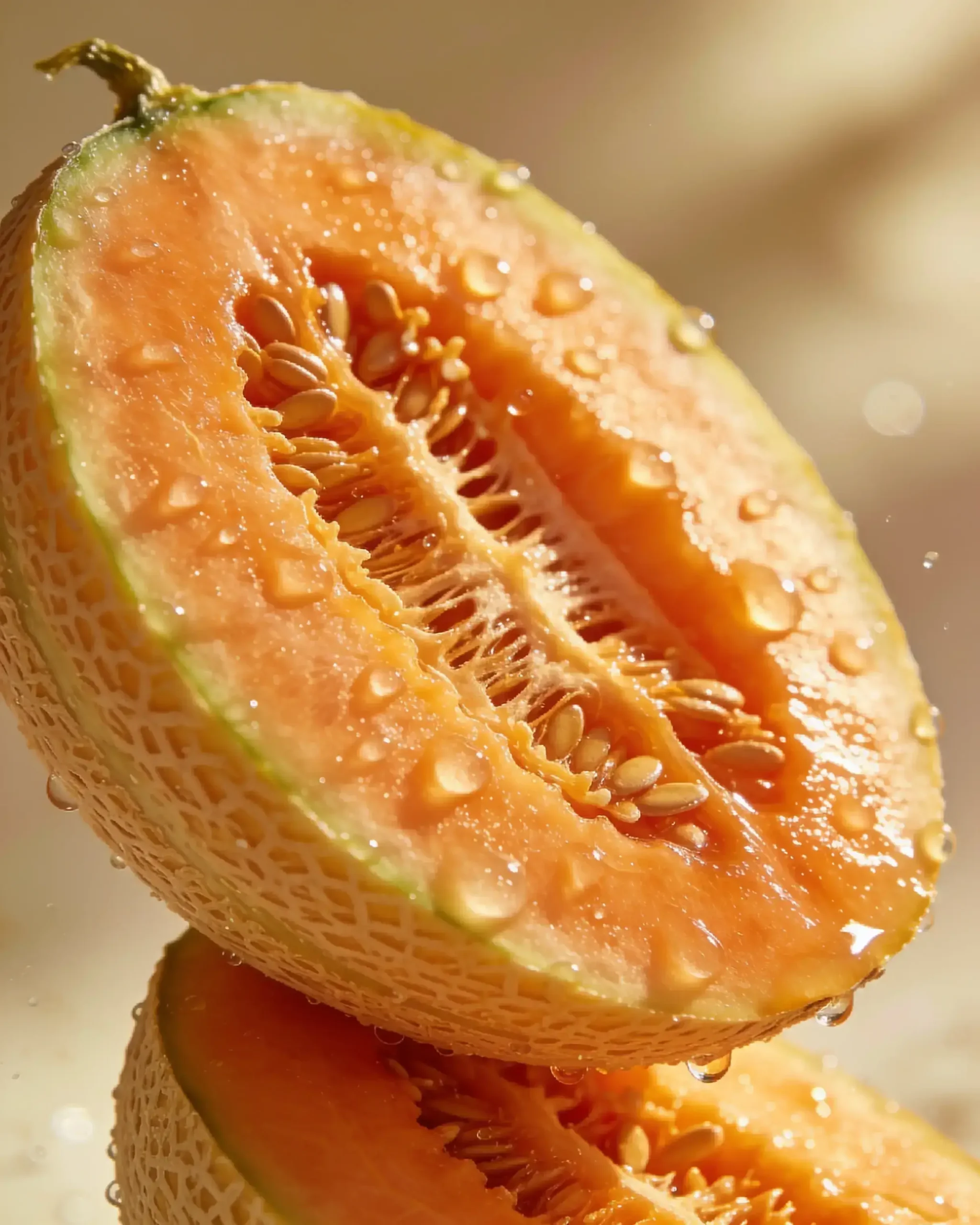 Melon fruit : guide complet, bienfaits et conseils pratiques 3 Gros plan macro sur deux moitiés de melon cantaloup coupé révélant une chair orange vif juteuse avec graines et gouttes d'eau, fond clair ensoleillé