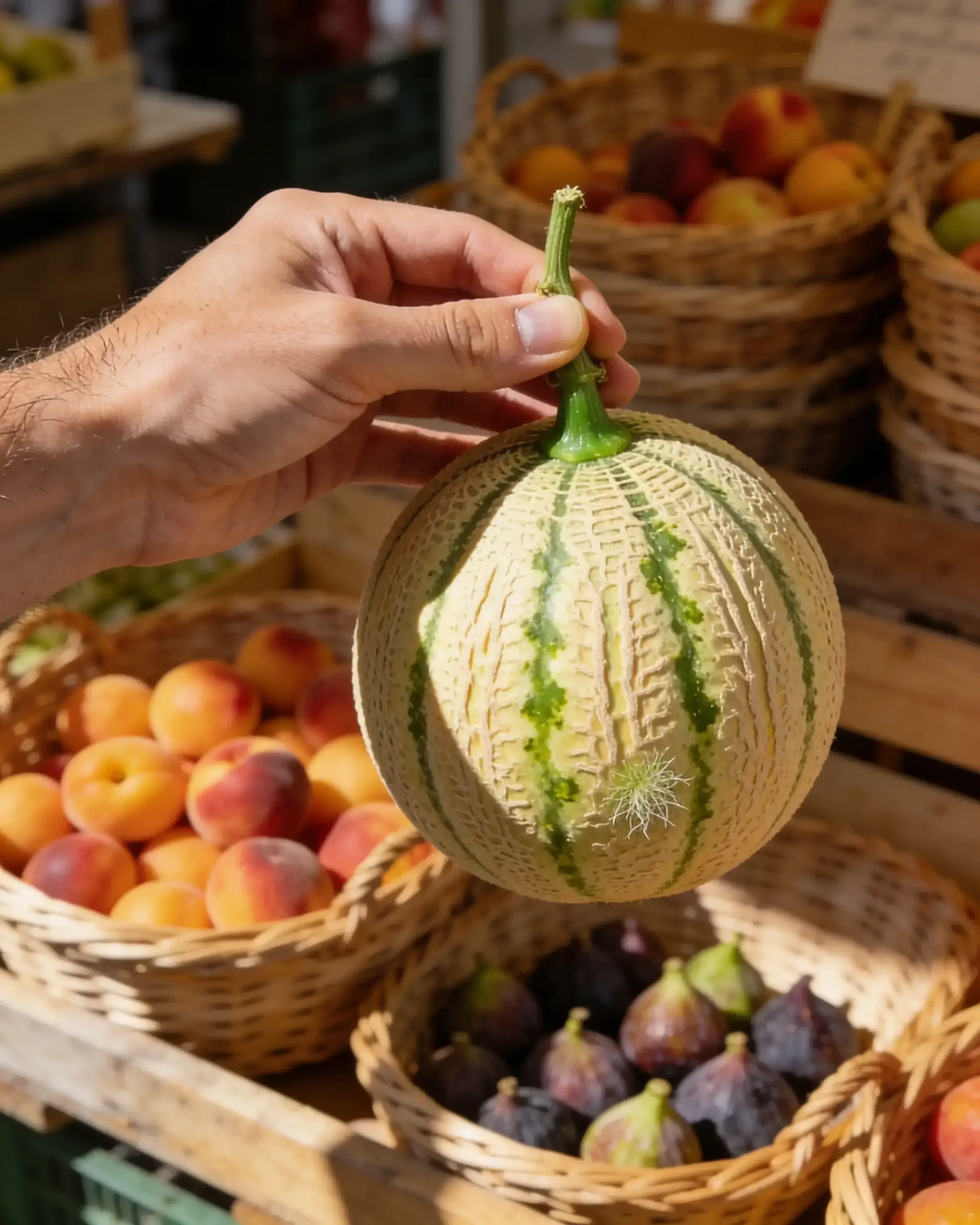 Melon fruit : guide complet, bienfaits et conseils pratiques 4 Main tenant un melon charentais entier par sa tige verte devant des paniers de fruits d'été au marché : abricots, figues et pêches en arrière-plan flou