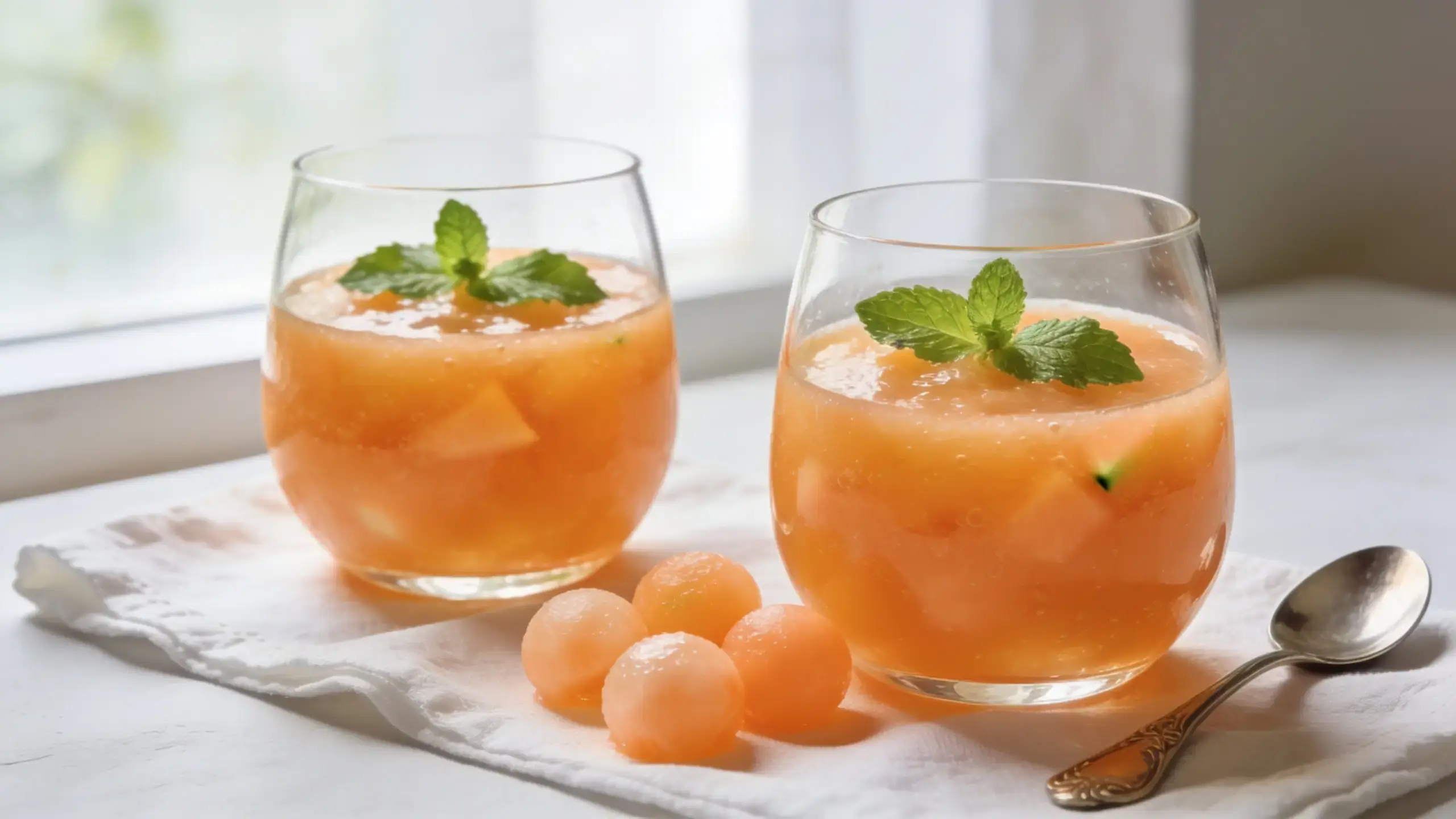Melon fruit : guide complet, bienfaits et conseils pratiques 5 Deux verres ronds de granita ou smoothie de melon orange glacé garnis de feuilles de menthe, avec billes de melon cantaloup et cuillère sur linge blanc devant une fenêtre lumineuse