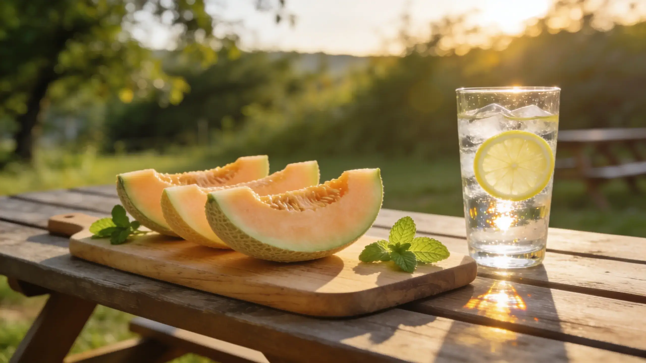 Melon fruit : guide complet, bienfaits et conseils pratiques 6 Tranches de melon cantaloup orange posées sur planche en bois avec feuilles de menthe et verre d'eau citronnée glacée sur table de jardin en bois au coucher du soleil