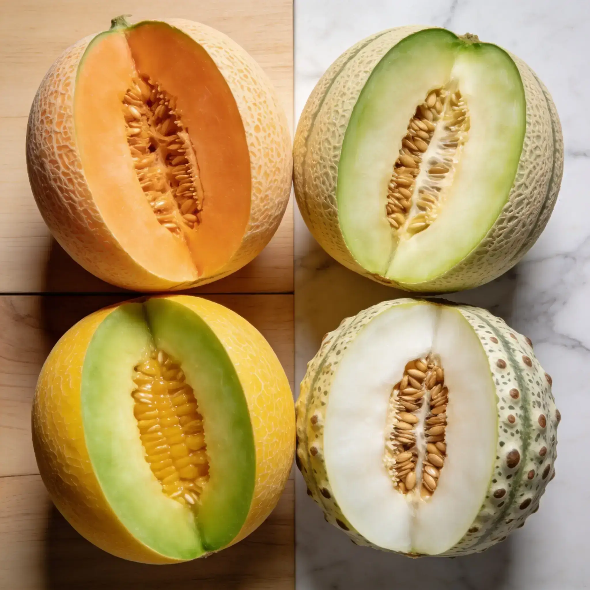 Melon fruit : guide complet, bienfaits et conseils pratiques 2 Quatre variétés de melons fruits coupés en deux en grille comparant leur chair : cantaloup orange, honeydew vert, melon jaune et melon crapaudine blanc, vue de dessus