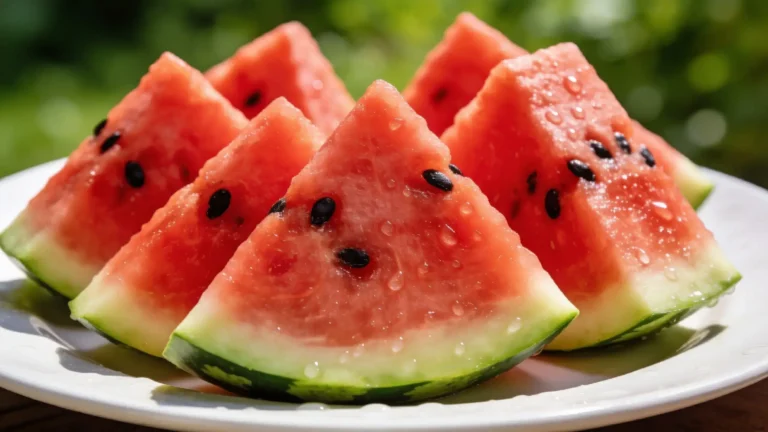 Tranches de pastèque rouge juteuses avec graines noires et gouttes d'eau disposées sur assiette blanche en plein air avec fond de verdure floue, fruit estival riche en bienfaits
