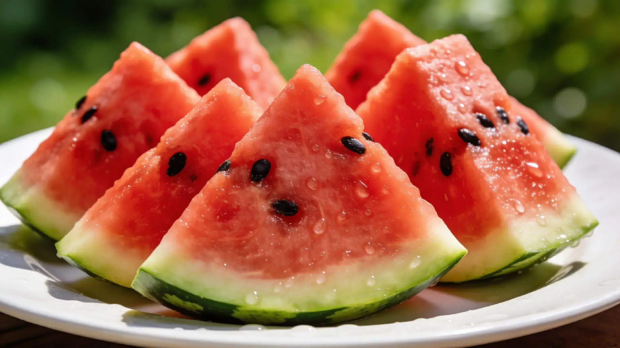 Tranches de pastèque rouge juteuses avec graines noires et gouttes d'eau disposées sur assiette blanche en plein air avec fond de verdure floue, fruit estival riche en bienfaits