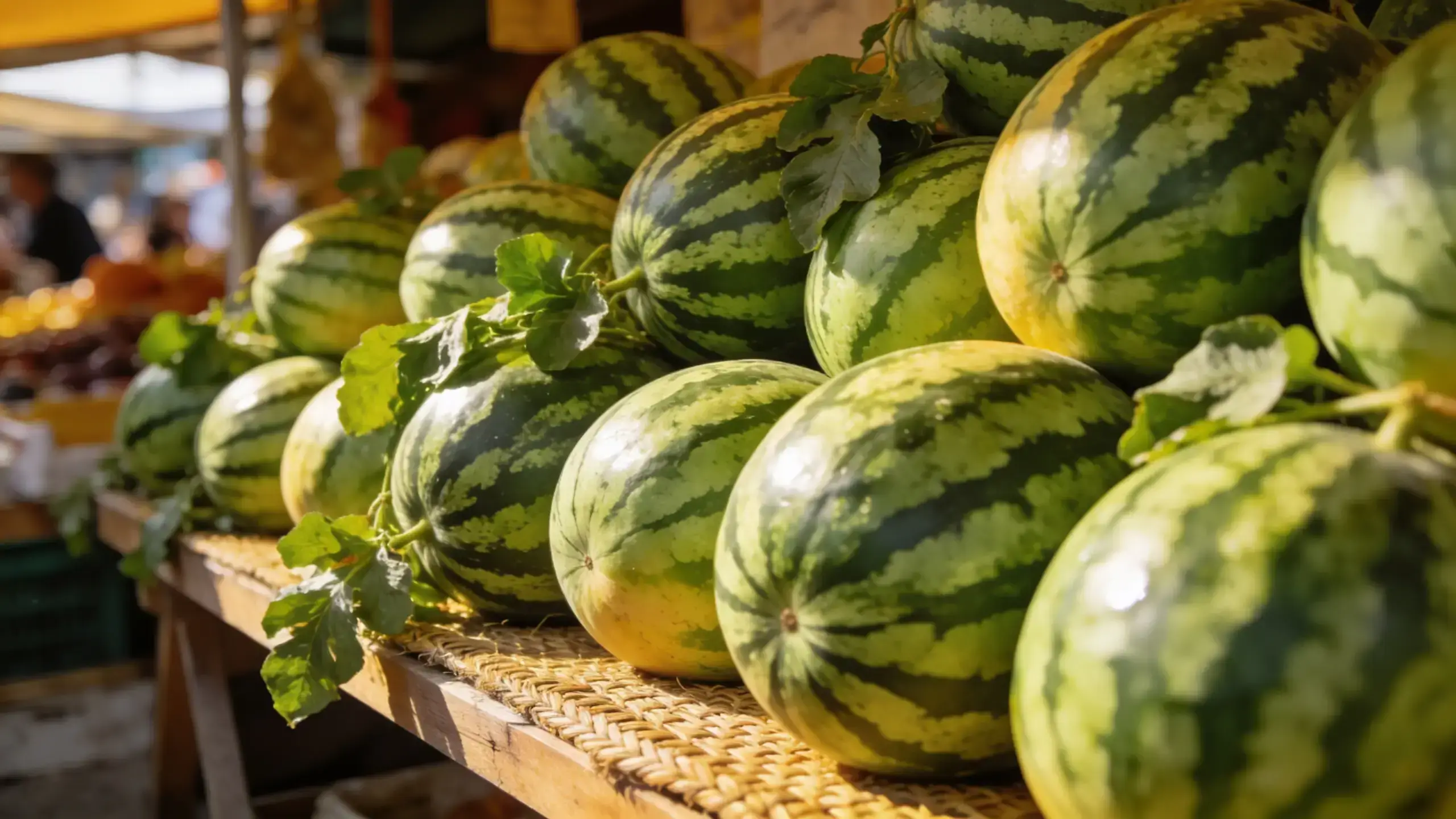 Étal de marché estival avec de nombreuses pastèques entières rayées vert foncé avec feuilles et tiges posées sur des clayettes en osier sous le soleil, marché de producteurs
