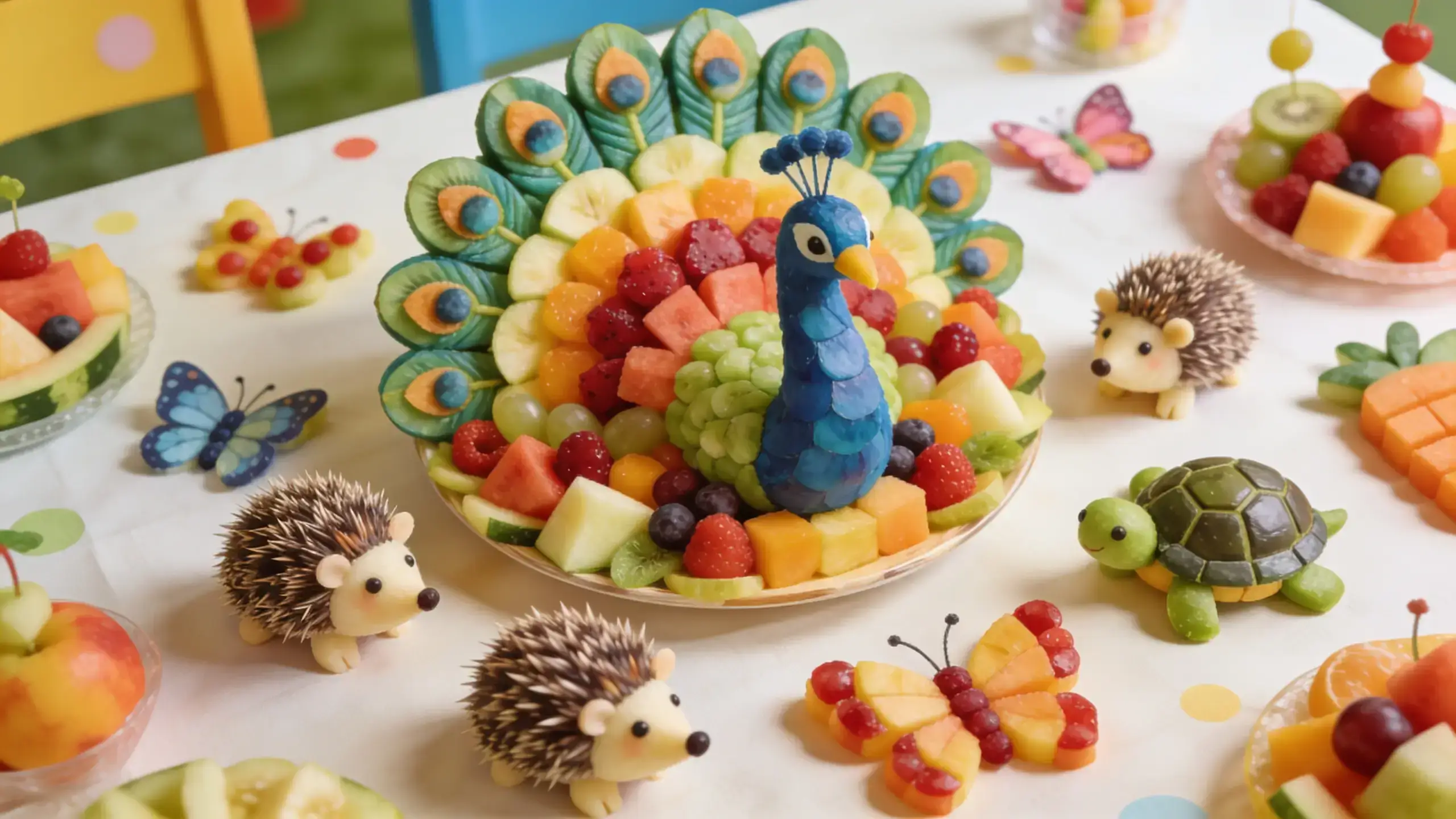 Animaux en fruits: Table de fête nappe blanche à pois colorés avec au centre un grand plateau d'animaux en fruits en forme de paon aux plumes de concombre et melon, entouré de vrais hérissons miniatures, d'une tortue en fruits verts, de papillons en fruits rouges et jaunes, et d'autres plateaux de fruits frais.