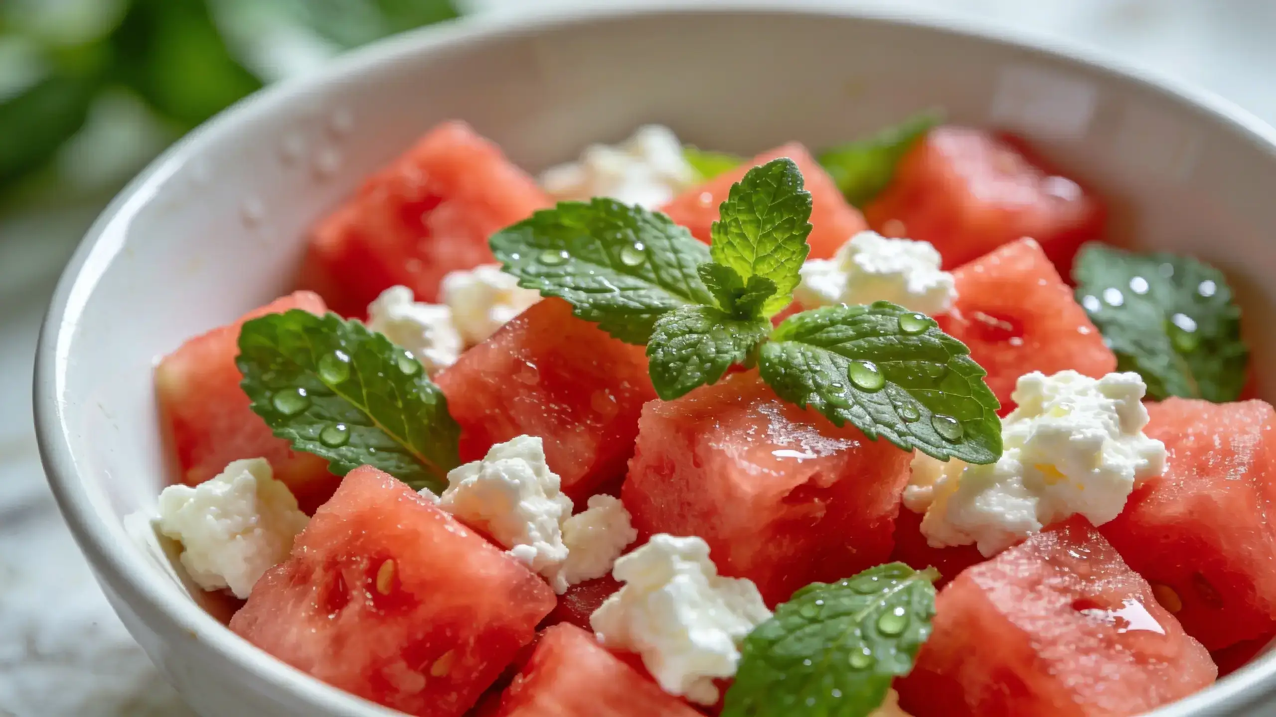 Bol blanc de salade de pastèque avec cubes de chair rouge, feta émiettée et feuilles de menthe fraîche avec gouttes d'eau, recette estivale légère aux bienfaits nutritionnels